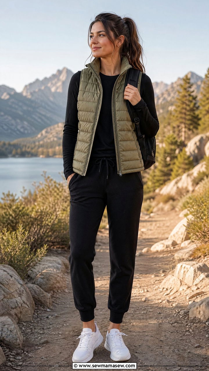 Puffer Vest with Long Sleeve Tee and Cuffed Sweatpants Outfit - 35 transitional sporty chic outfit ideas