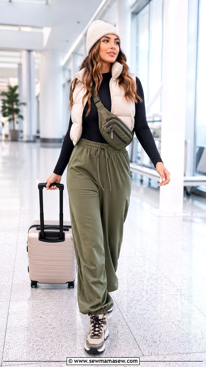 Puffer Vest with Long Sleeve Tee and Joggers - 30 Sporty chic outfit ideas for travel