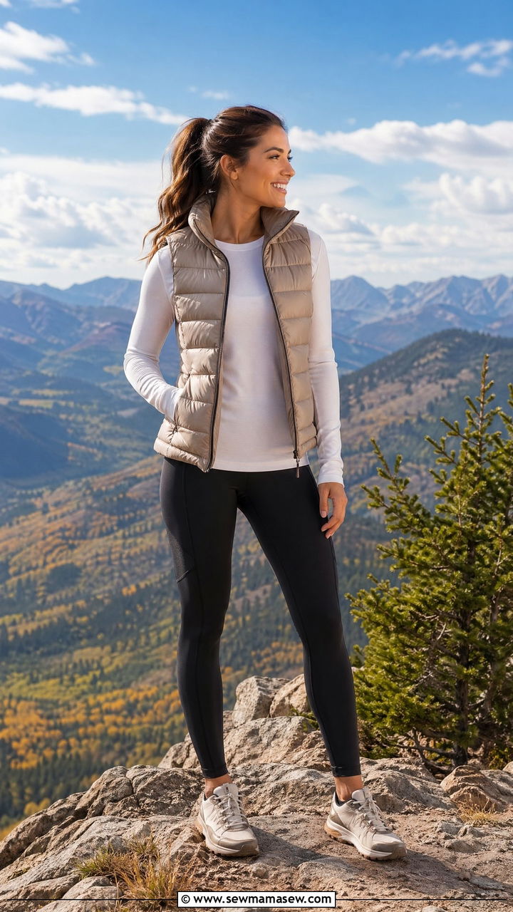 Puffer Vest with Long Sleeve Tee and Leggings - 35 travel outfit ideas for women