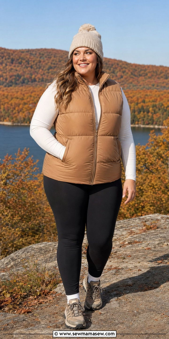 Puffer Vest with Long Sleeve Top and Leggings - 35 Plus size workout outfits