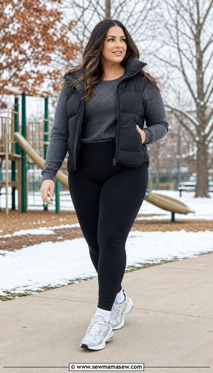 Puffer Vest with Sweater and Leggings - 35 Plus size mom outfit ideas