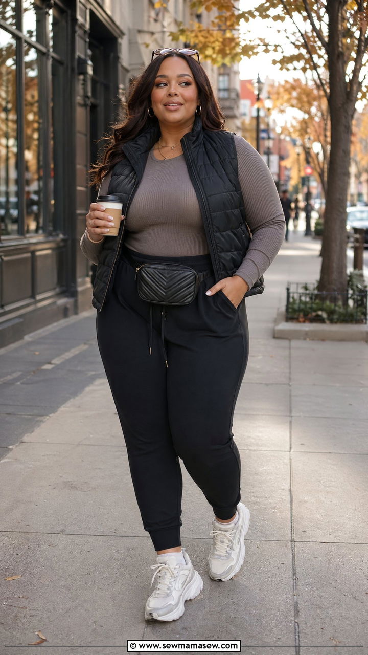 Puffer Vest with Tapered Ponte Joggers - 35 Travel outfits for curvy women