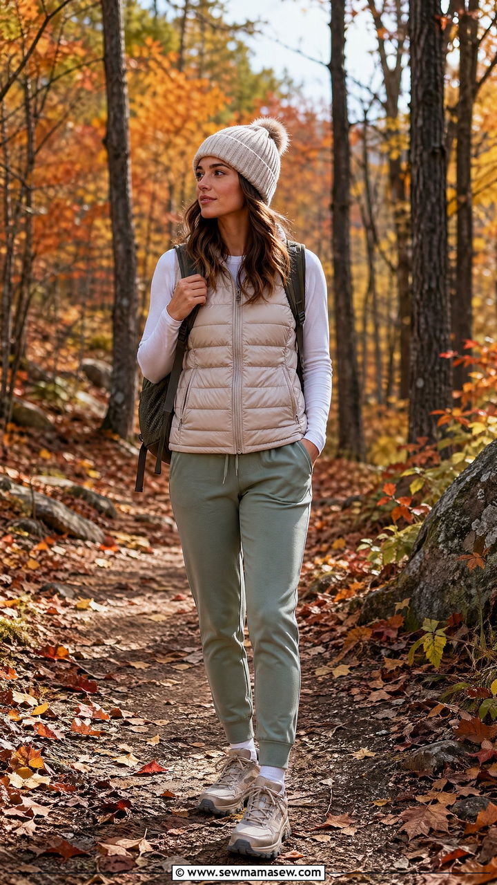 Puffer Vest with a Long Sleeve Tee and Joggers - 35 simple outfit ideas for women