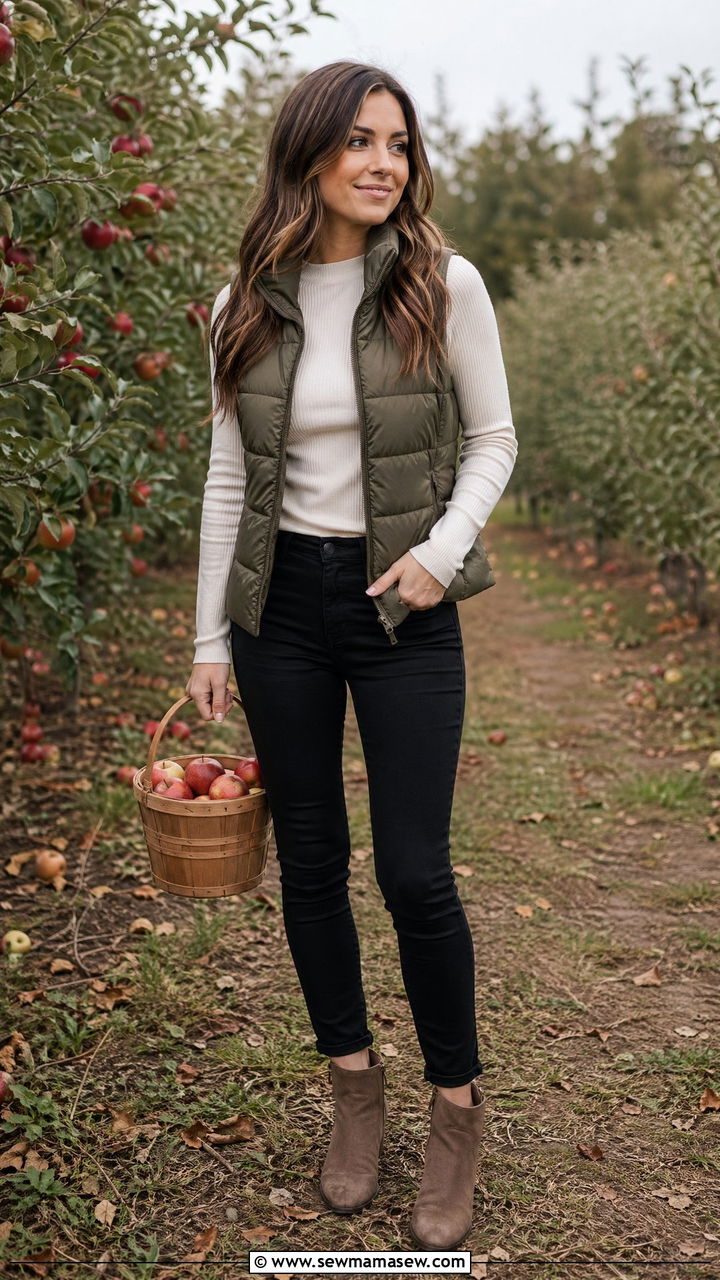 Puffer Vest with a Long Sleeve Top and Black Skinny Jeans - 35 casual outfits for petite women