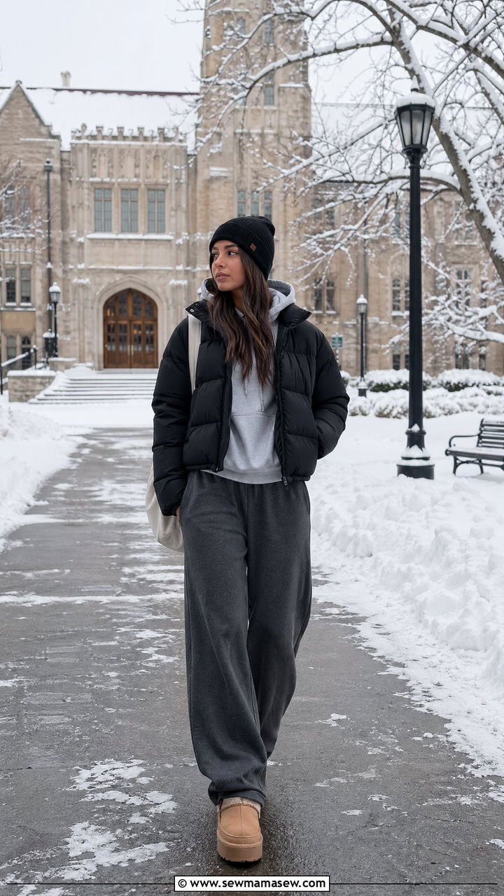 Puffer jacket and wide leg sweatpants outfit - 35 College campus outfit ideas