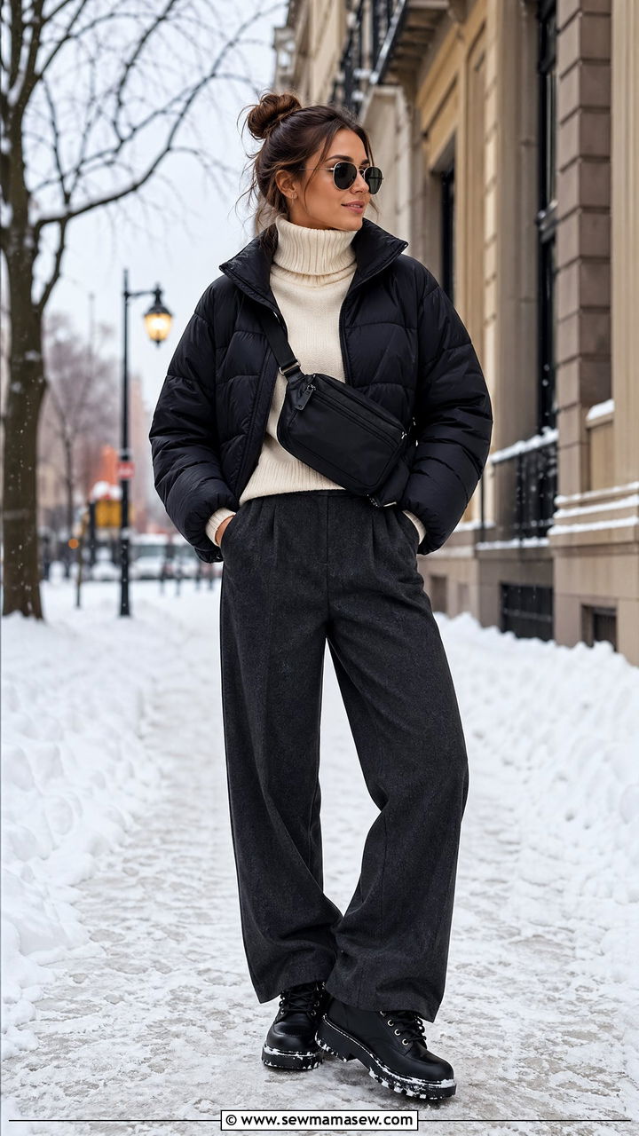 Puffer jacket turtleneck wool trousers and nylon crossbody bag - 35 Crossbody bag outfit ideas
