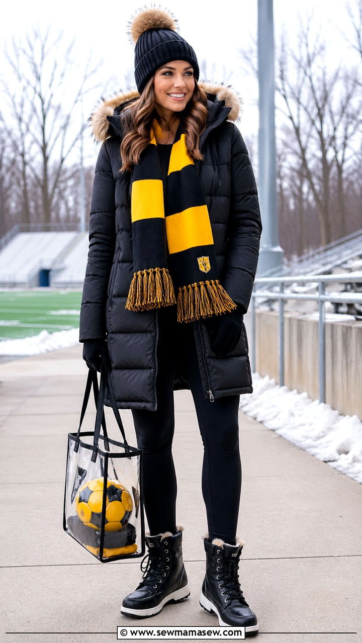Puffer jacket with fleece lined leggings outfit - 30 Soccer game outfit ideas