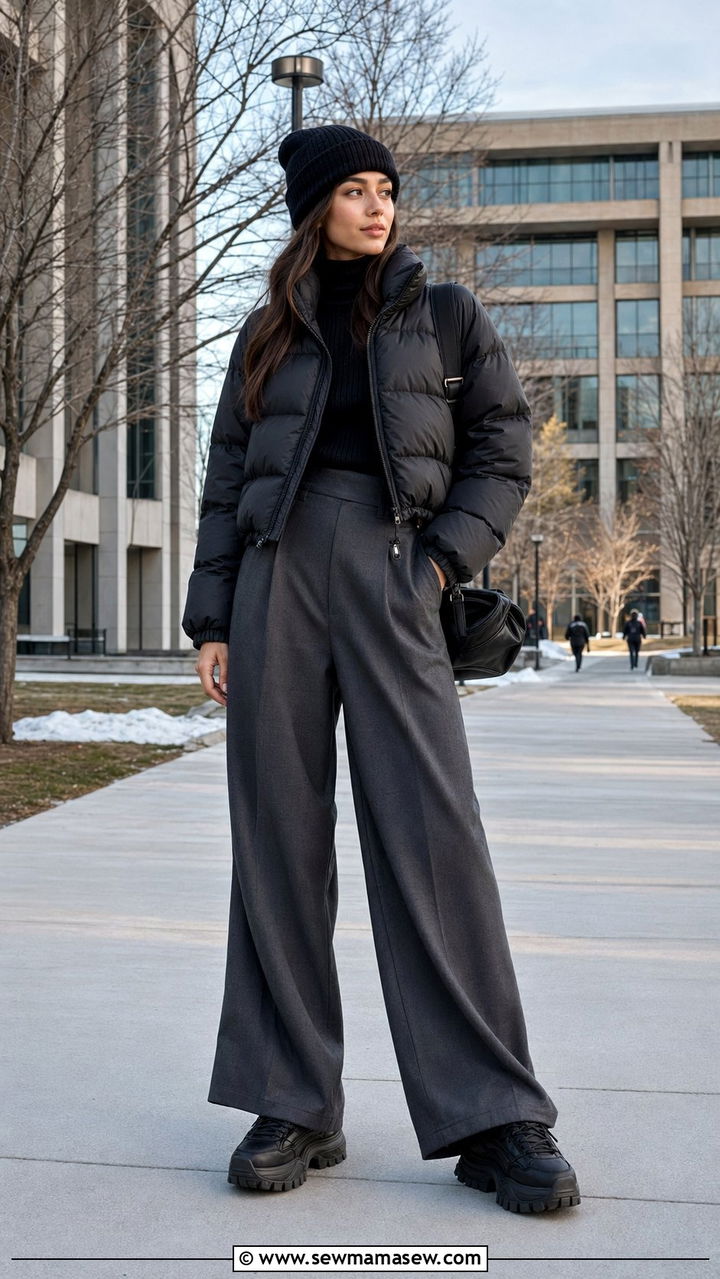 Puffer jacket with wide leg trousers - 35 school outfit ideas for women