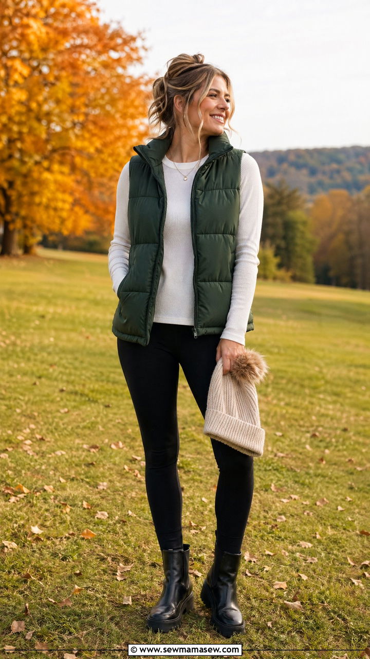 Puffer vest and leggings outfit - 35 Comfy outfits for moms