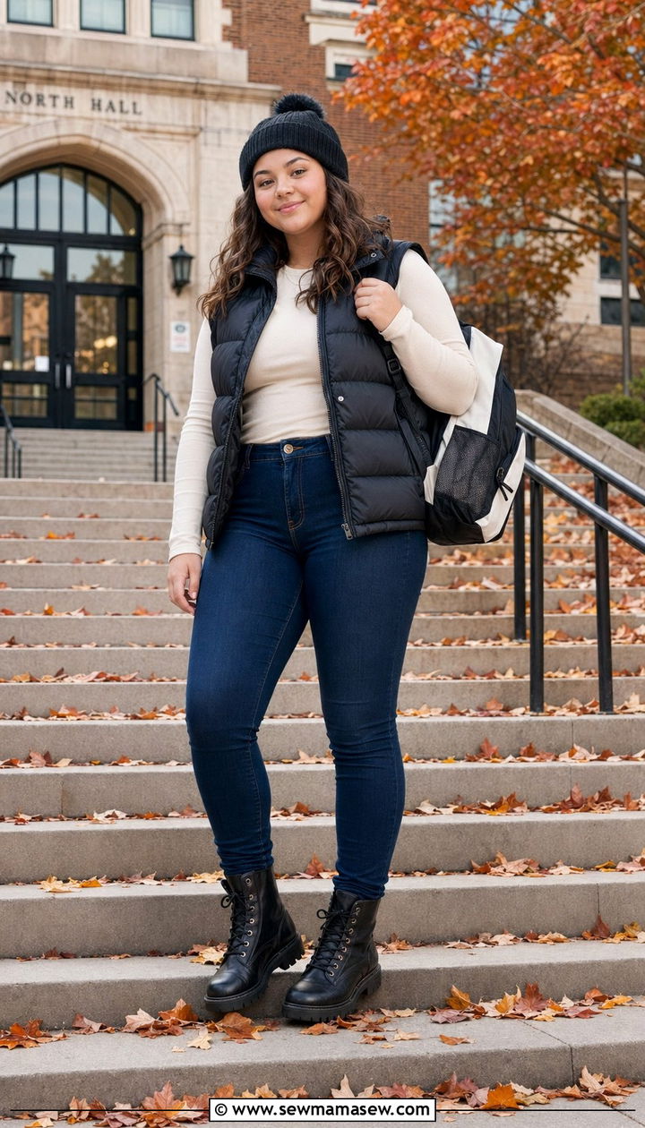 Puffer vest and long sleeve tee outfit - 30 Back to school outfit ideas plus size teens