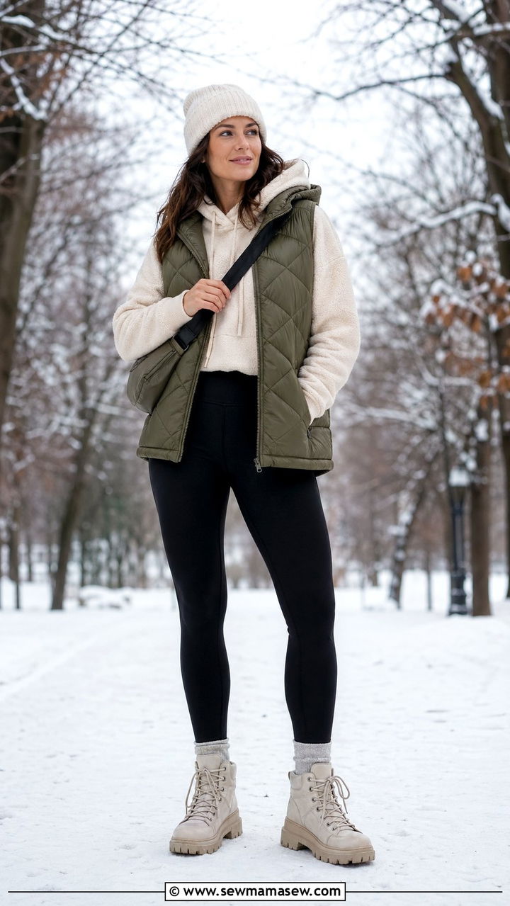 Puffer vest layered over hoodie look - 35 Outfit ideas for women in their 30s