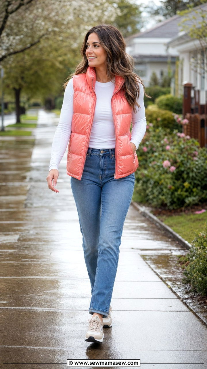 Puffer vest over a long sleeve tee with straight jeans - 30 April showers outfit ideas