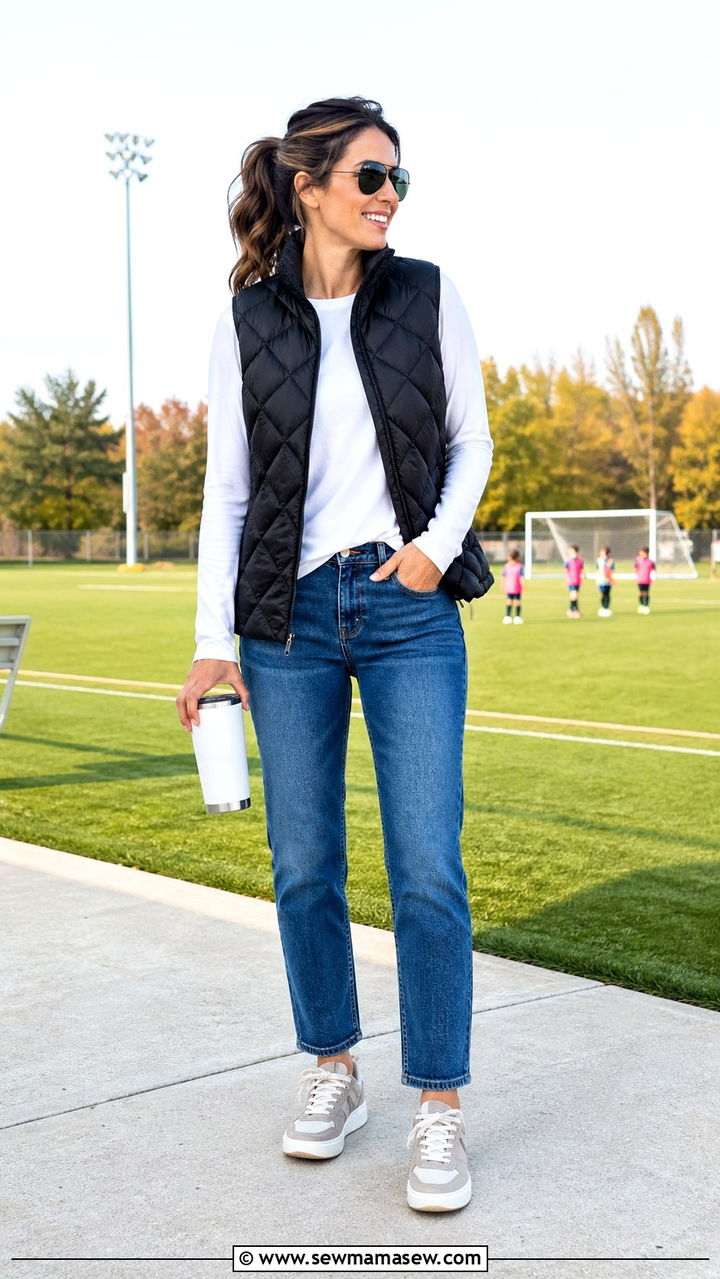 Puffer vest with long sleeve tee and jeans outfit - 30 Sports mom outfit ideas