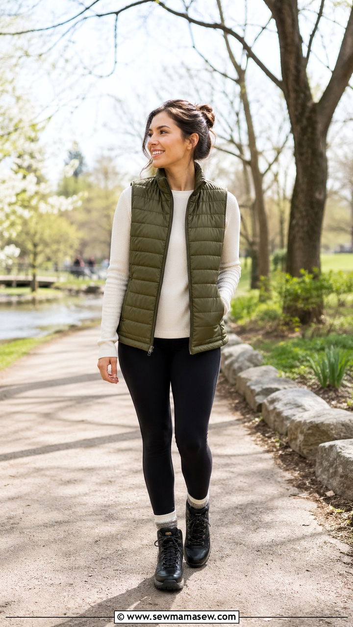 Puffer vest with long sleeve tee - 30 Spring layering outfits