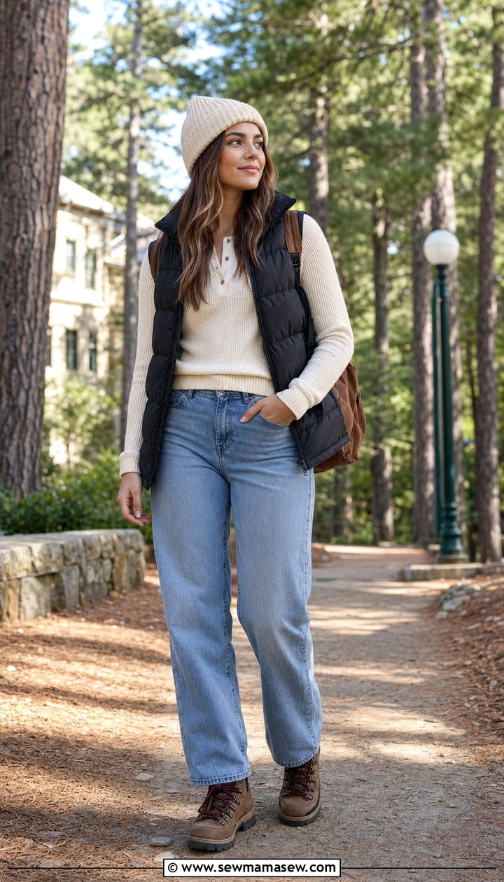 Puffer vest with long sleeve top and jeans - 35 school outfit ideas for women