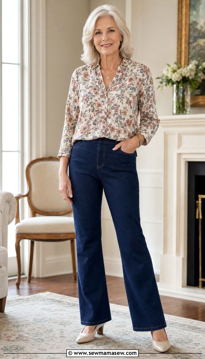 Pull On Bootcut Jeans With Printed Blouse And Block Heels - 30 Best jeans for women over 60