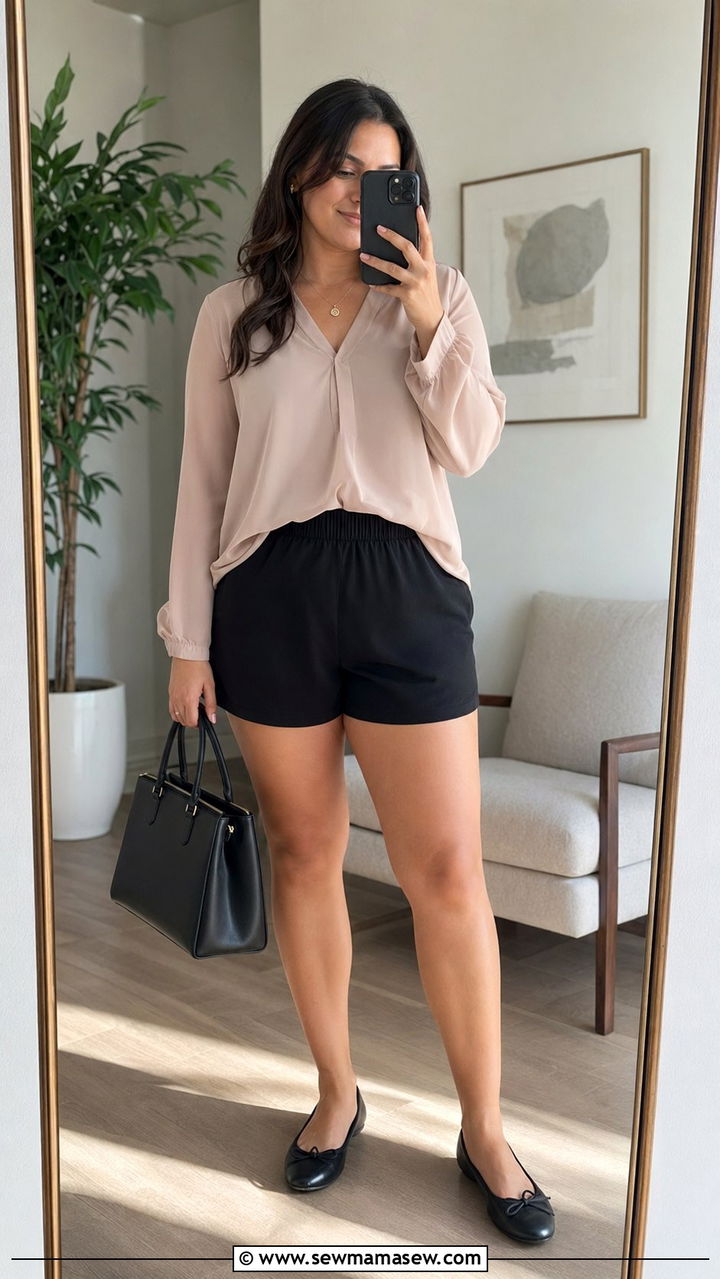Pull On Elastic Waist Shorts With Flowy Blouse Outfit - 30 Best shorts for curvy women