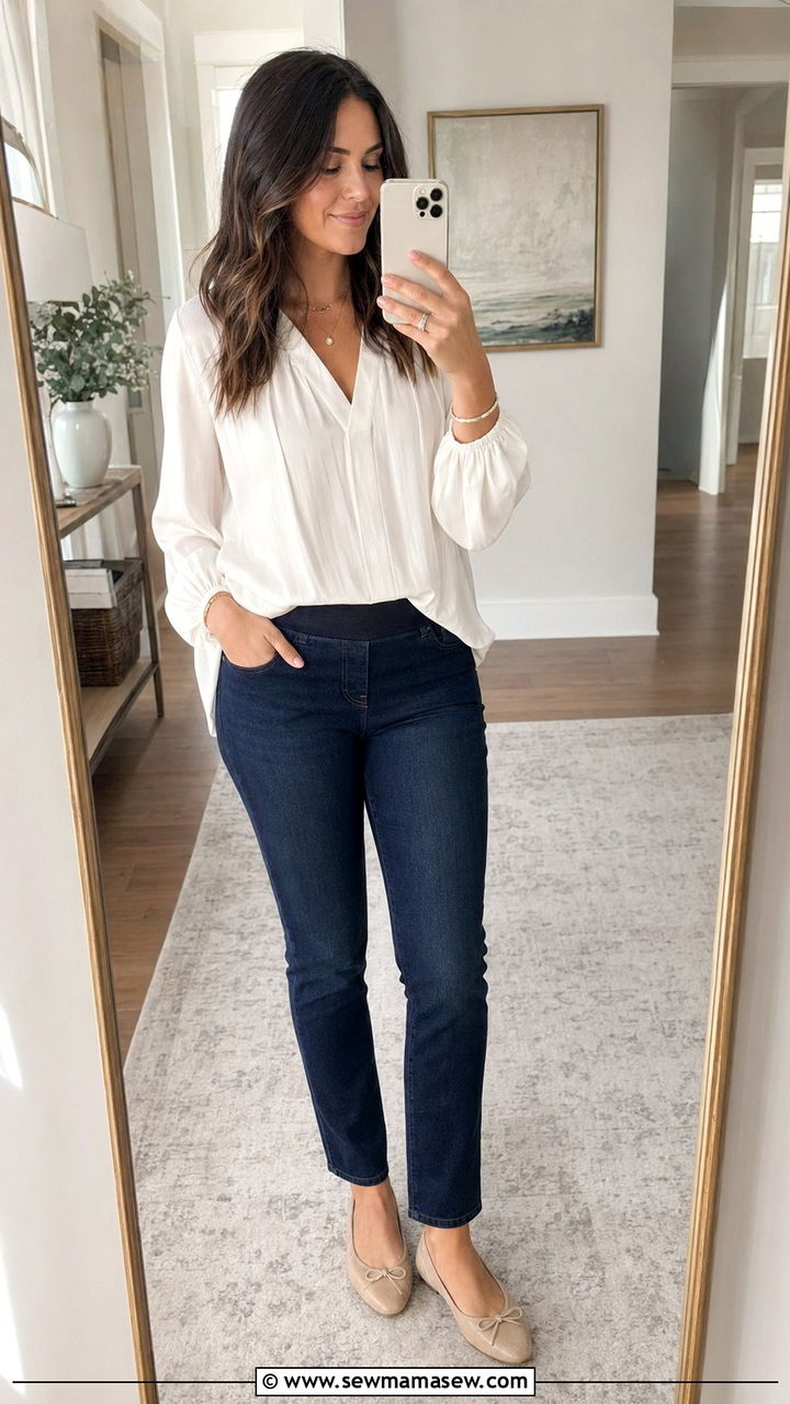 Pull On Jeans and Flowy White Blouse Postpartum - 35 Postpartum outfit ideas