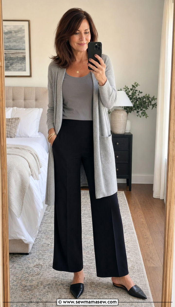 Pull On Pants with a Long Cardigan Outfit for Women Over 40 - 30 Best pants for women over 40