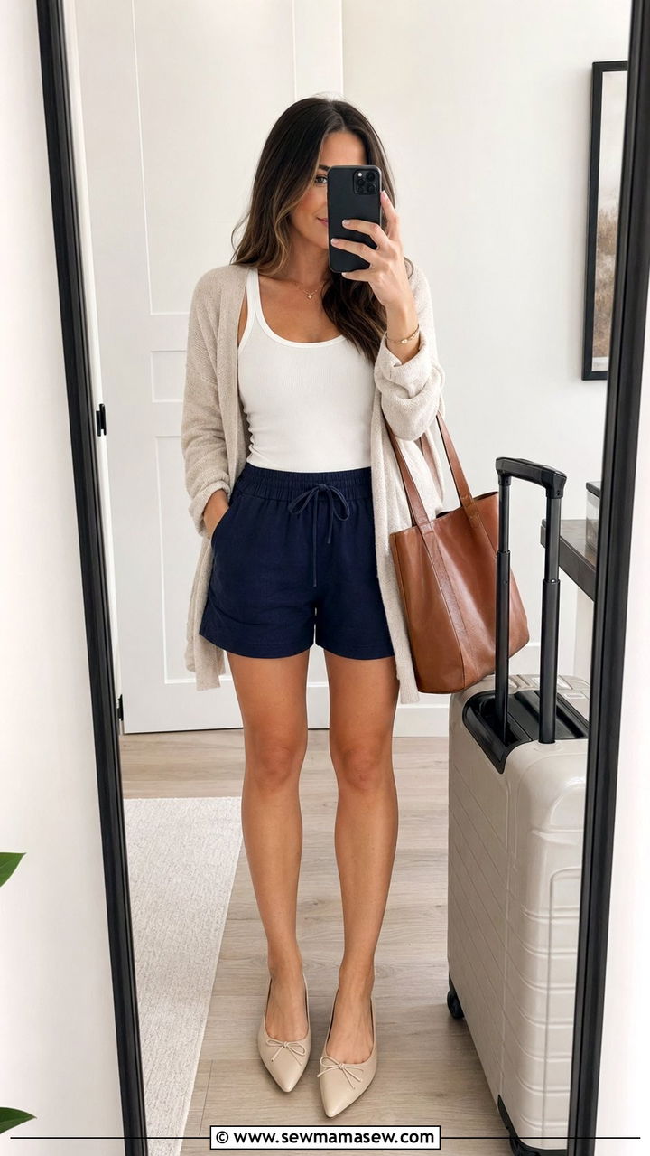 Pull On Shorts with Tank and Lightweight Cardigan Outfit - 30 Best shorts for petite women