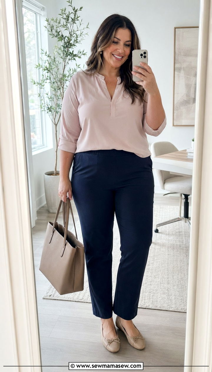 Pull On Straight Leg Pants with Soft Blouse - 35 Plus size mom outfit ideas