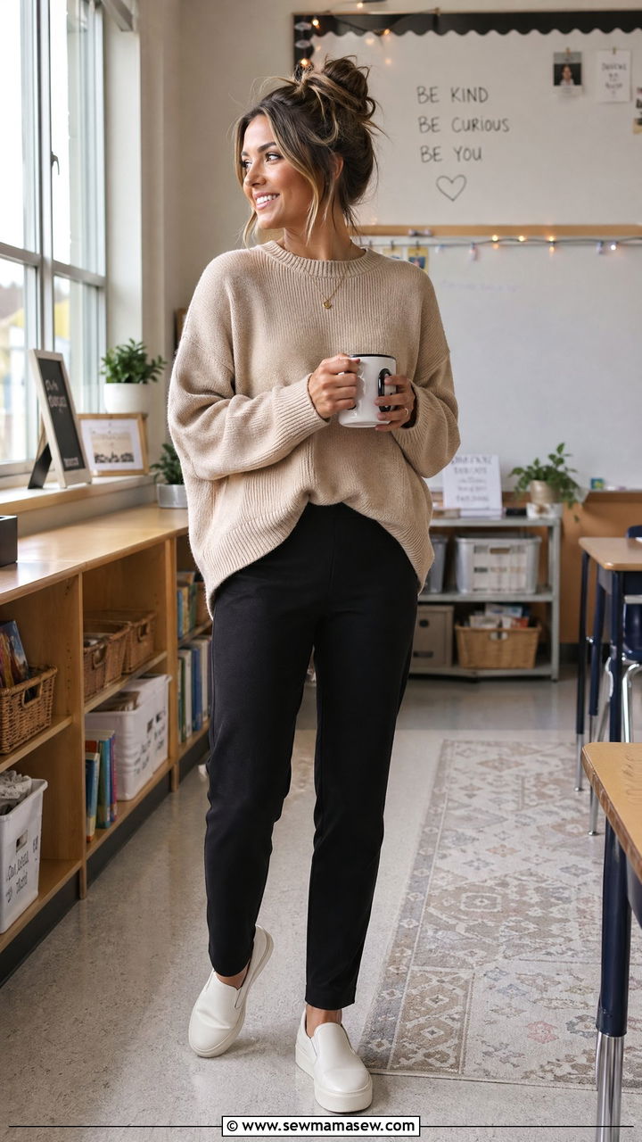 Pull On Trousers with Cozy Knit and Slip On Sneakers - 35 teacher outfit ideas for women