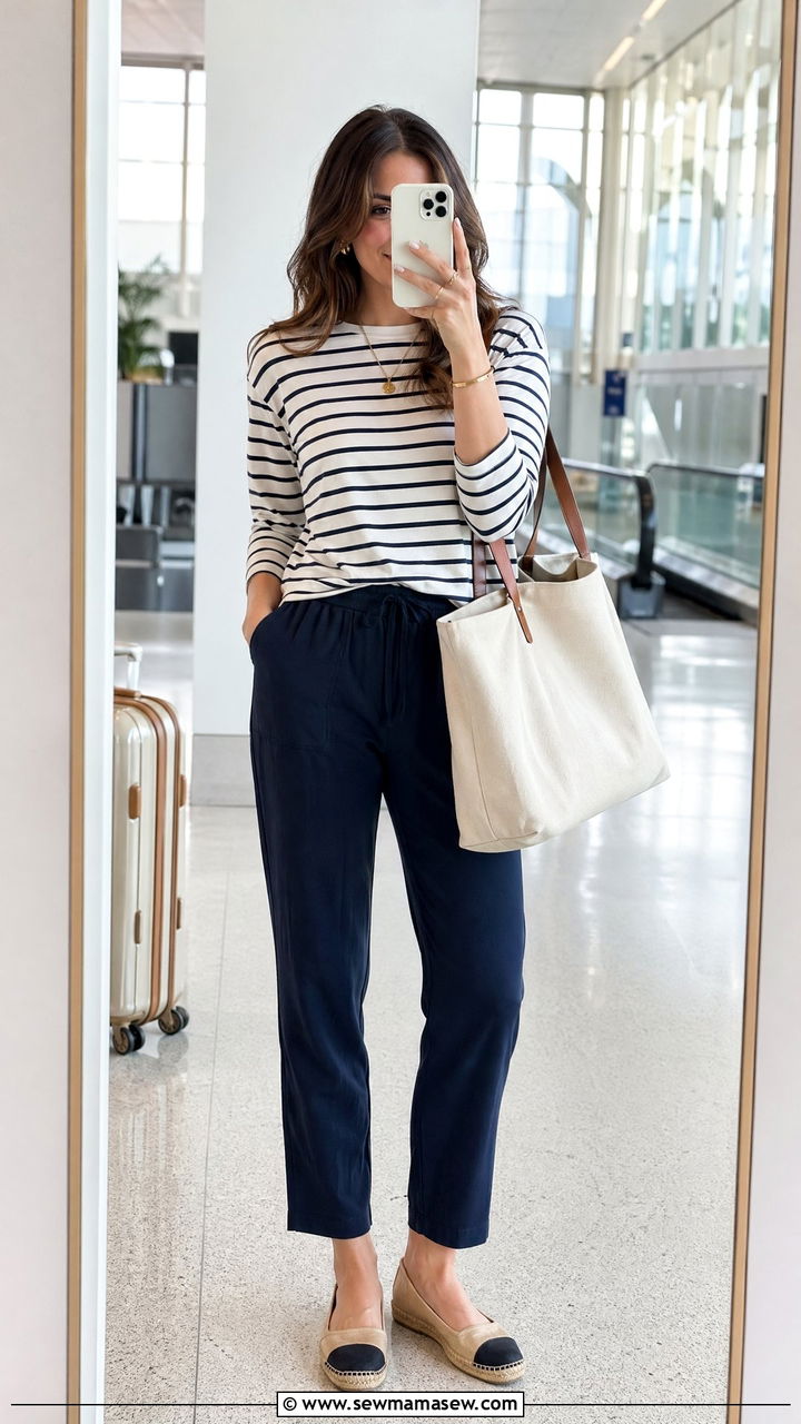 Pull On Trousers with Striped Long Sleeve Tee and Espadrilles - 35 what to wear to the airport