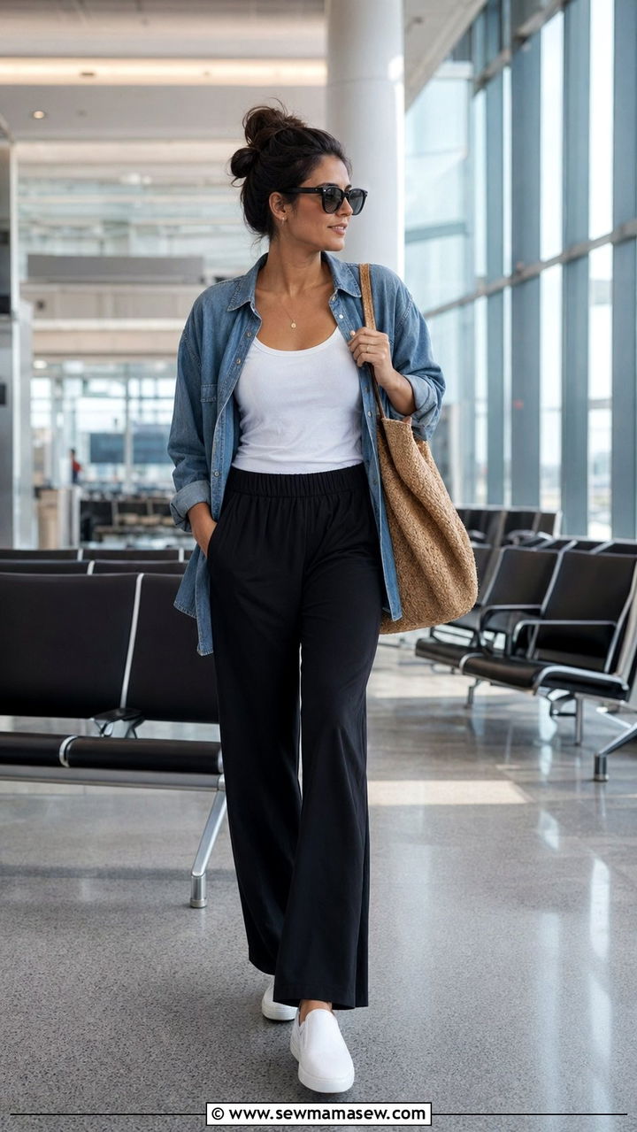 Pull On Wide Leg Pants With Tank And Denim Shirt - 30 airport outfits Pinterest