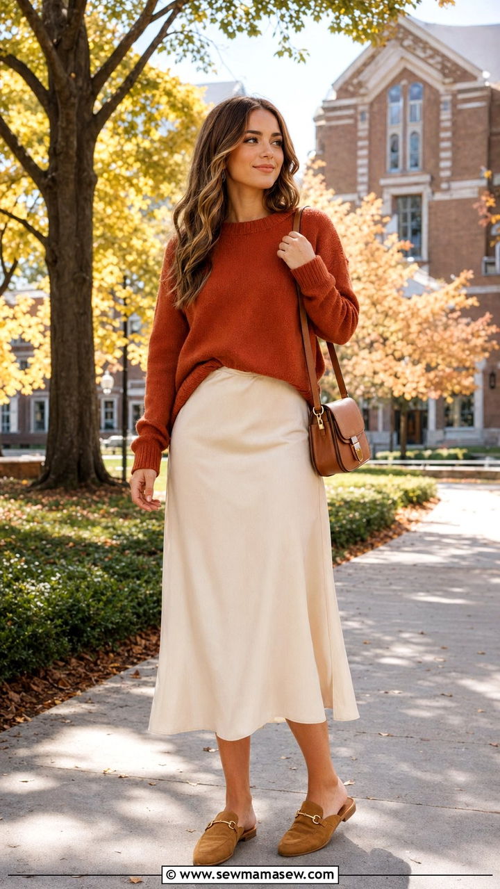 Pullover sweater with midi slip skirt outfit - 30 back to school outfits for women