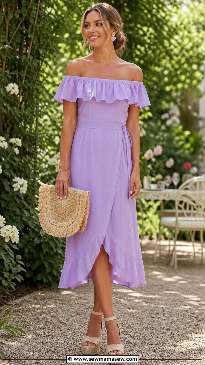 Purple off shoulder dress outfit - 40 All purple outfit ideas