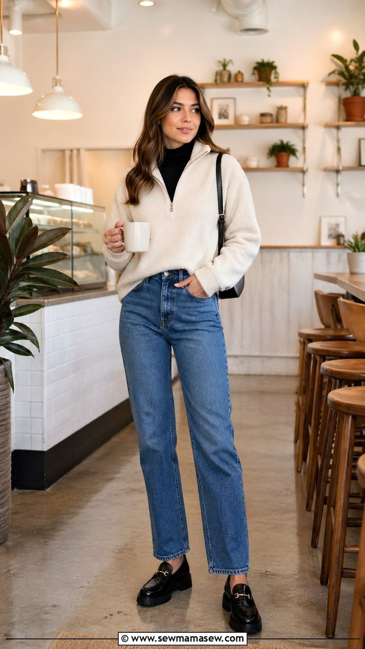 Quarter Zip Fleece Pullover Layered Over Turtleneck With Straight Leg Jeans And Loafers - 30 sporty chic capsule wardrobe outfits