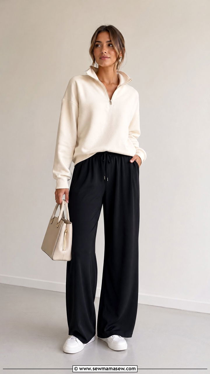 Quarter Zip Pullover With Wide Leg Athleisure Pants - 35 Sporty chic outfit ideas for errands