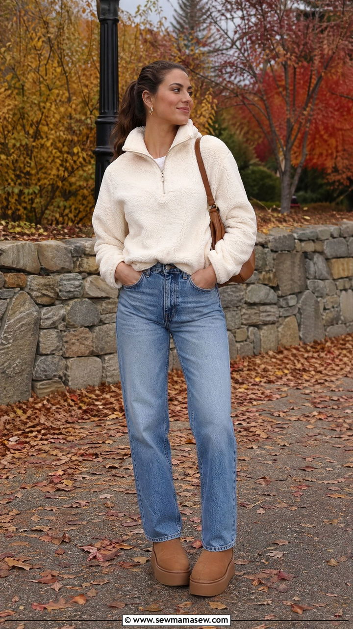 Quarter Zip Sherpa with High Waisted Jeans and Ugg Boots - 35 cute outfits for women