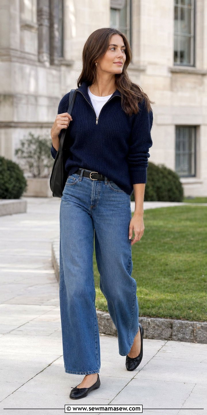 Quarter Zip Sweater And Barrel Leg Jeans Outfit - 35 school outfits for women