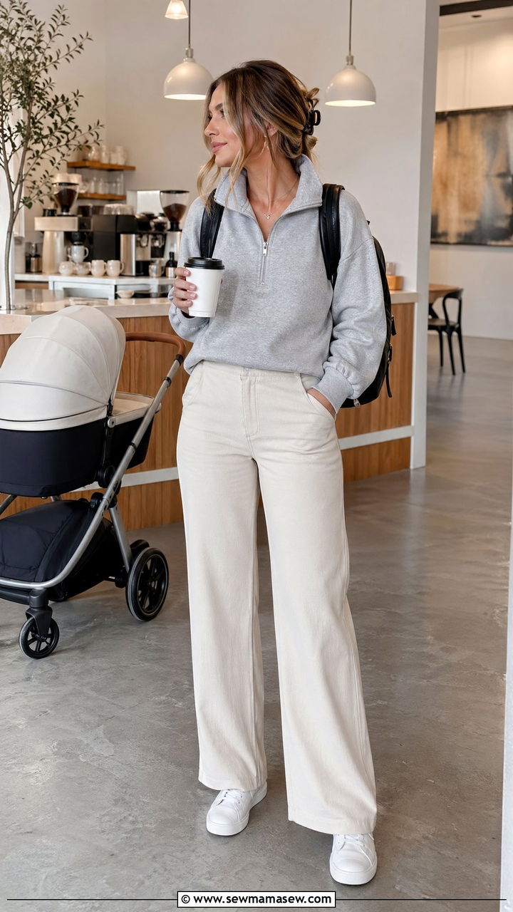 Quarter Zip Sweatshirt with Wide Leg Pants Outfit - 35 casual outfits for new moms