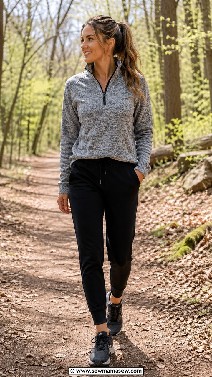 Quarter zip pullover and trail joggers spring look - 30 Spring hiking outfits