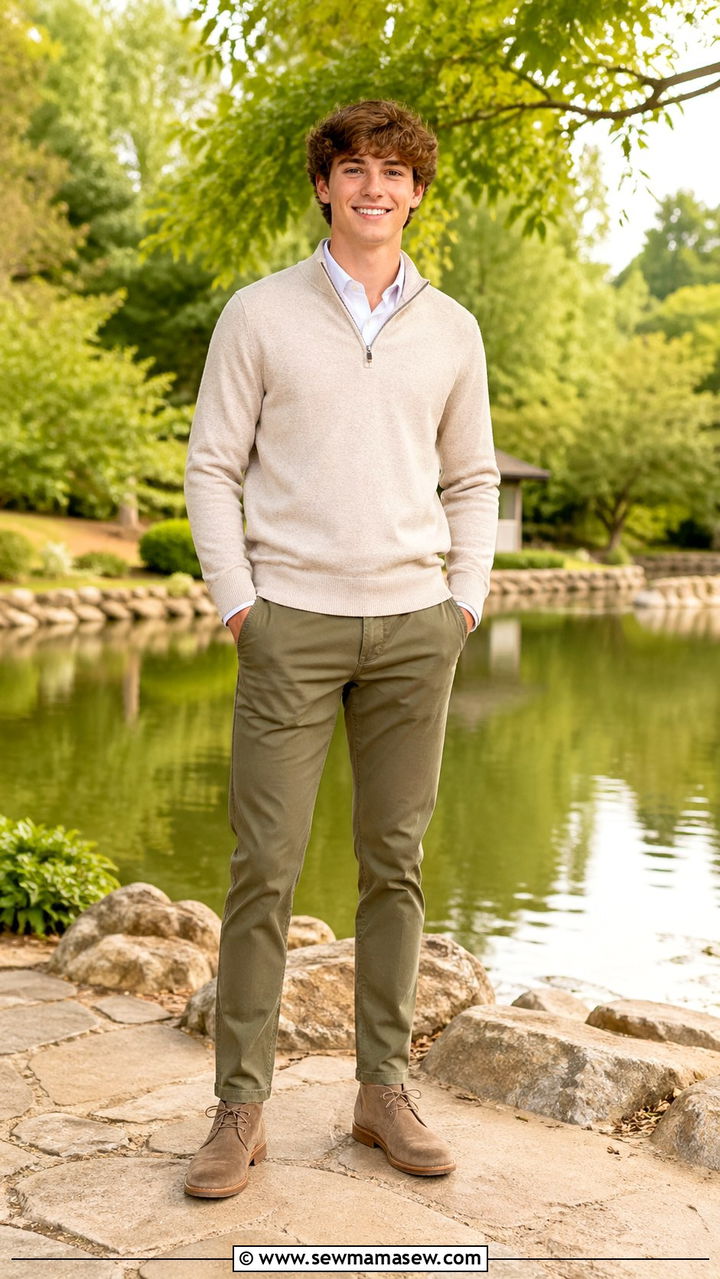 Quarter zip pullover with chinos senior photo - 30 Senior portrait outfit ideas guys