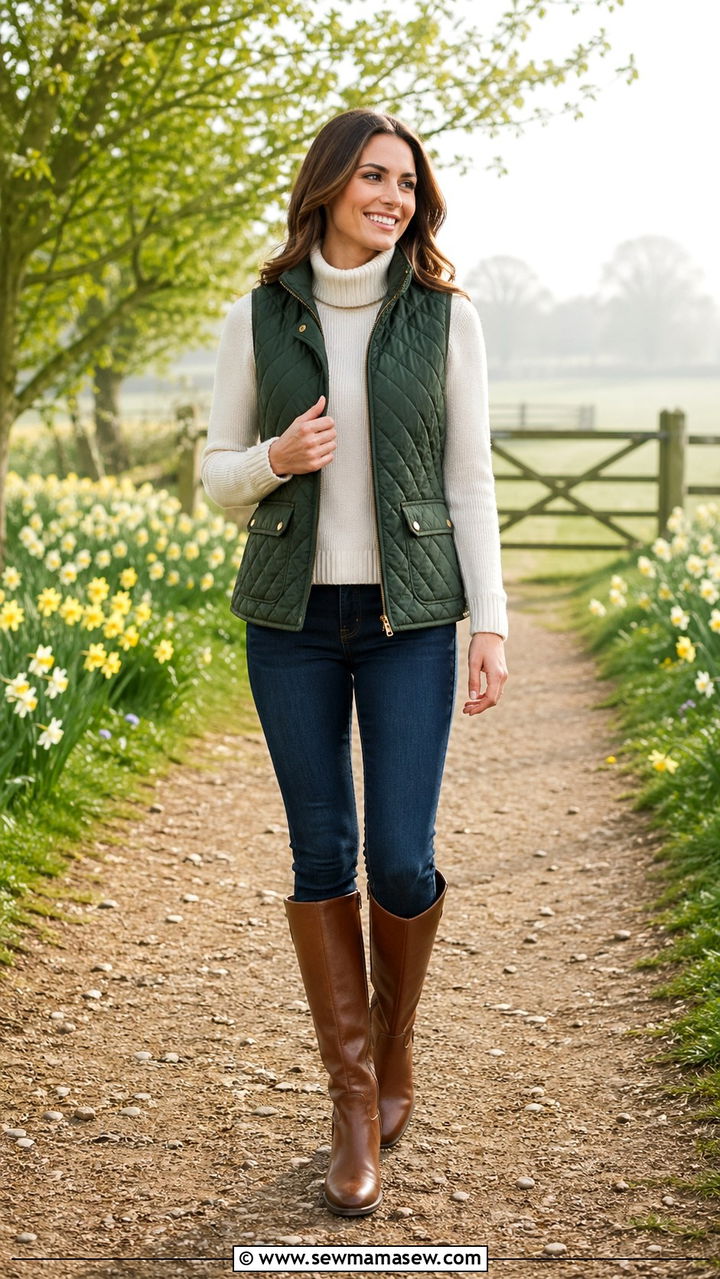 Quilted Gilet Over Turtleneck With Skinny Jeans And Knee High Boots - 30 Spring countryside outfits