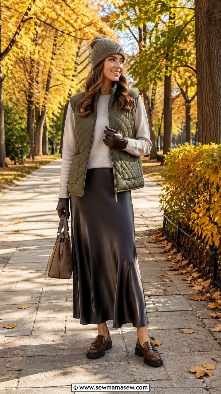 Quilted Gilet With Slip Skirt and Lug Sole Loafers - 30 slip skirt outfit ideas for women