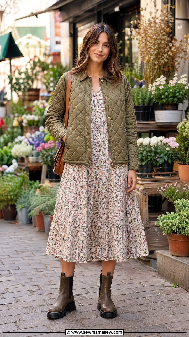 Quilted Jacket Over A Floral Midi Dress - 35 Spring London outfit ideas