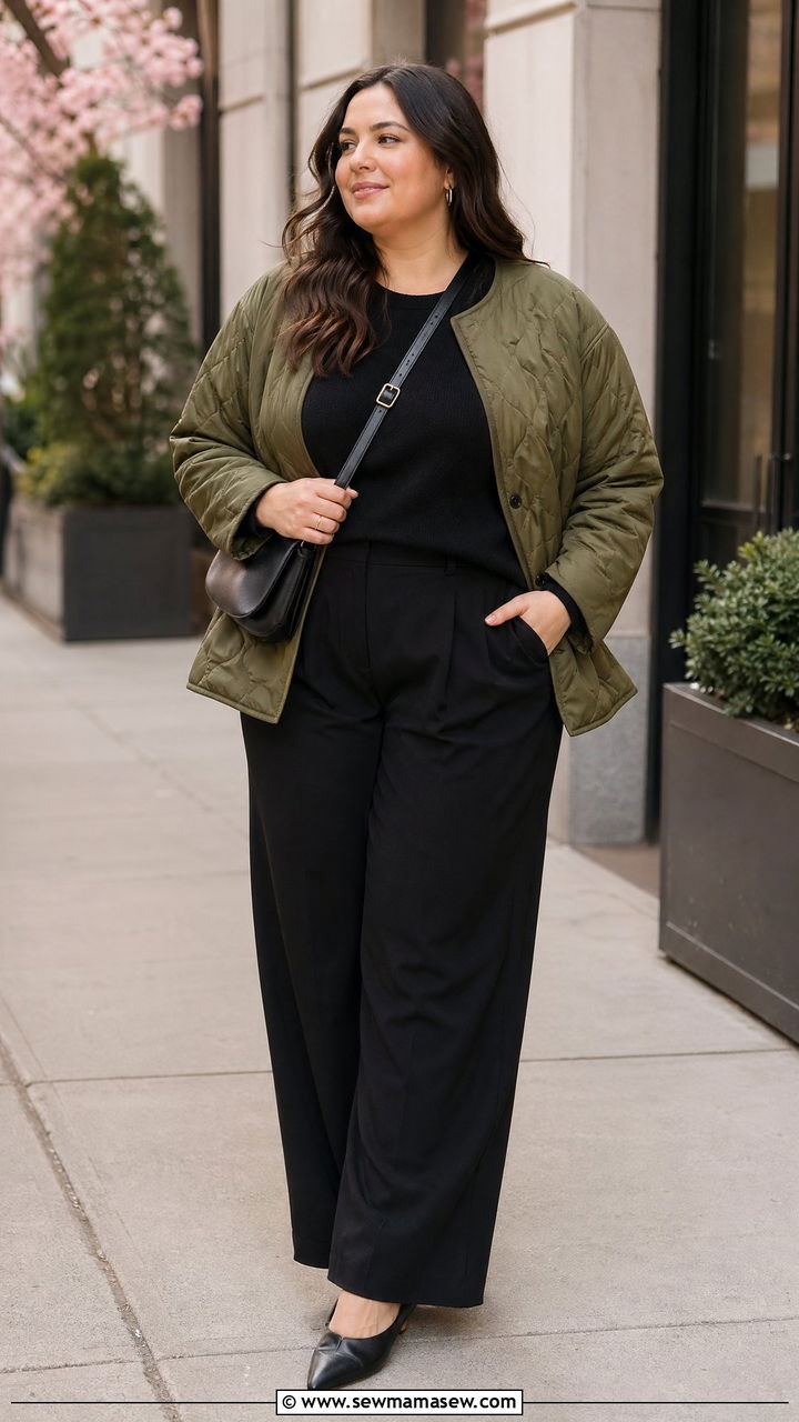 Quilted Jacket With Black Trousers Outfit - 35 Spring capsule wardrobe plus size