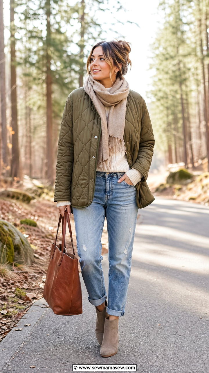 Quilted Jacket With Boyfriend Jeans - 35 Spring outfits for busy moms