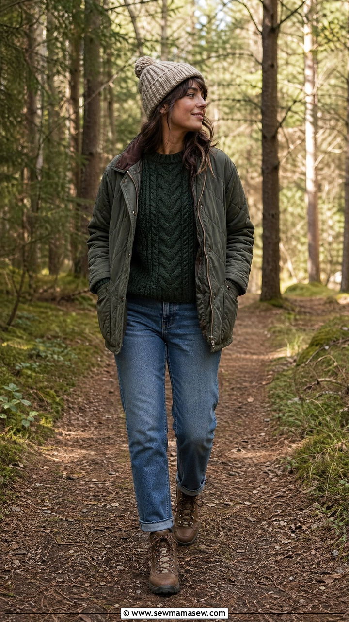 Quilted Jacket With Cable Knit Sweater And Jeans - 35 cottagecore outfits for women