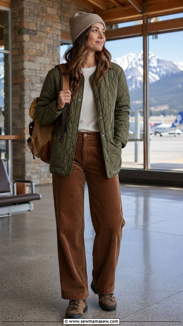 Quilted Jacket With Corduroy Pants And Hiking Boots - 40 Airport outfits for women