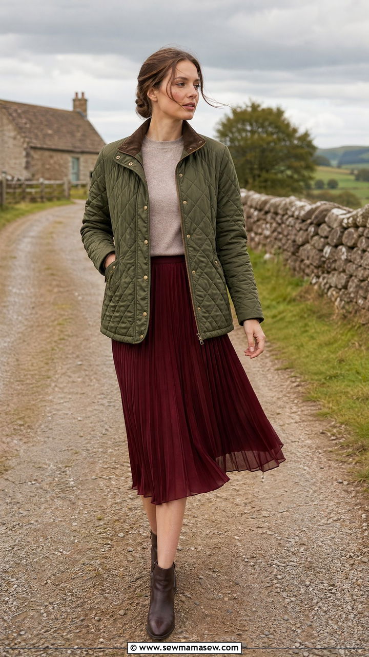 Quilted Jacket With Fine Gauge Sweater And Pleated Midi Skirt - 35 Windy spring outfits