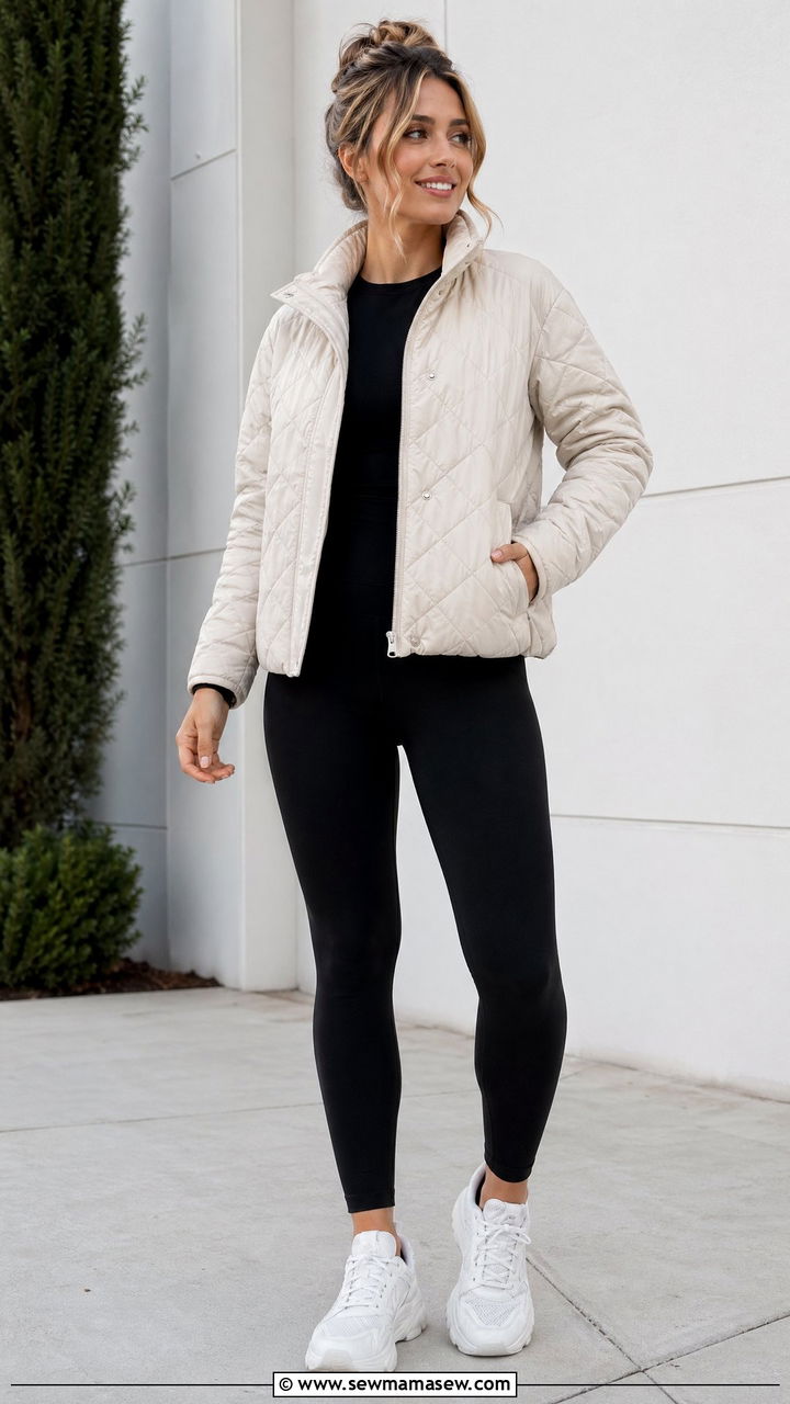 Quilted Jacket With Leggings and Chunky Sneakers - 35 transitional outfit ideas for women