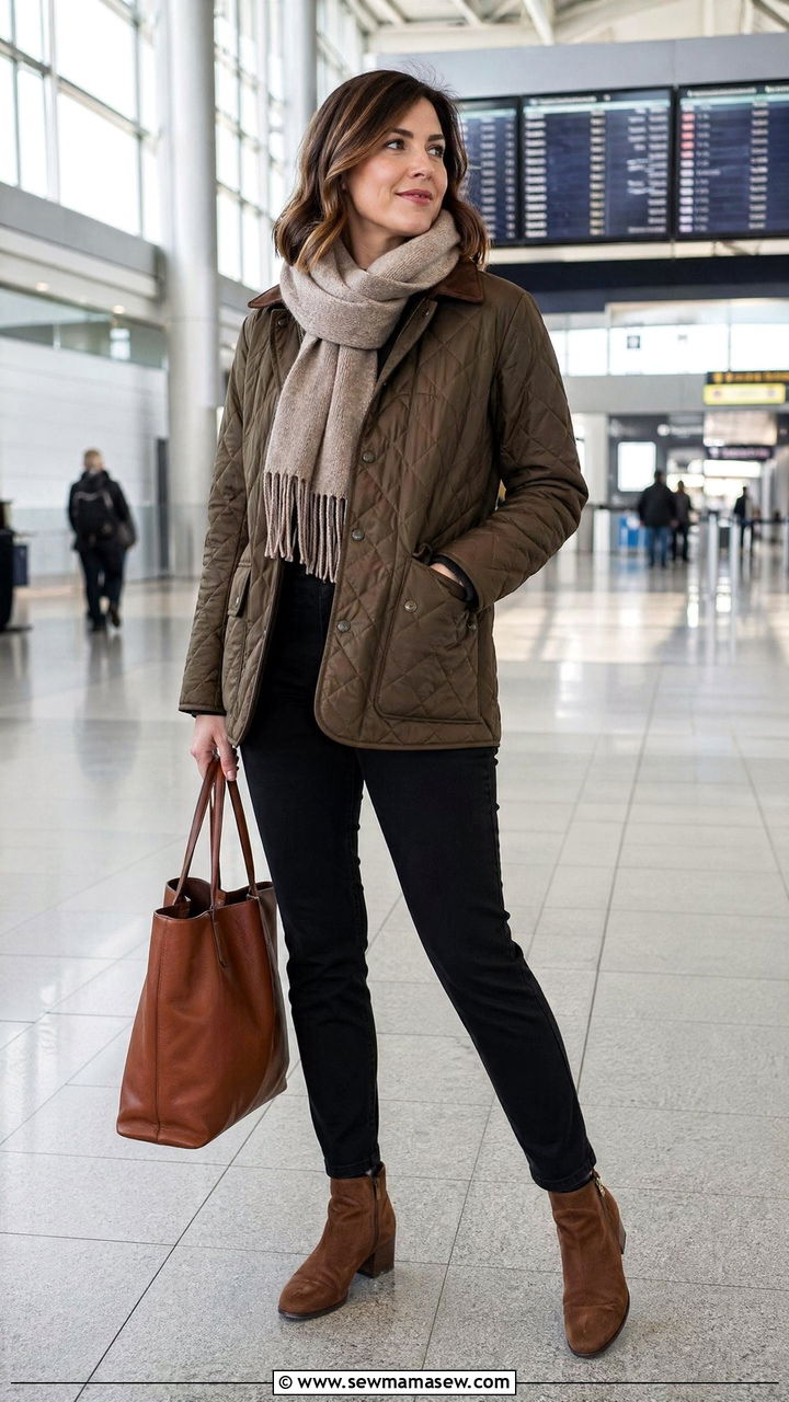 Quilted Jacket With Slim Pants And Ankle Boots - 35 classy airport outfits