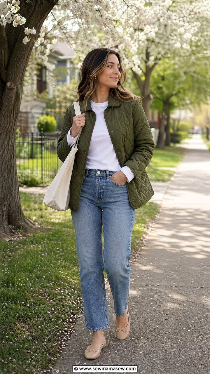 Quilted Jacket With Straight Leg Jeans and Ballet Flats - 35 Spring transition outfits