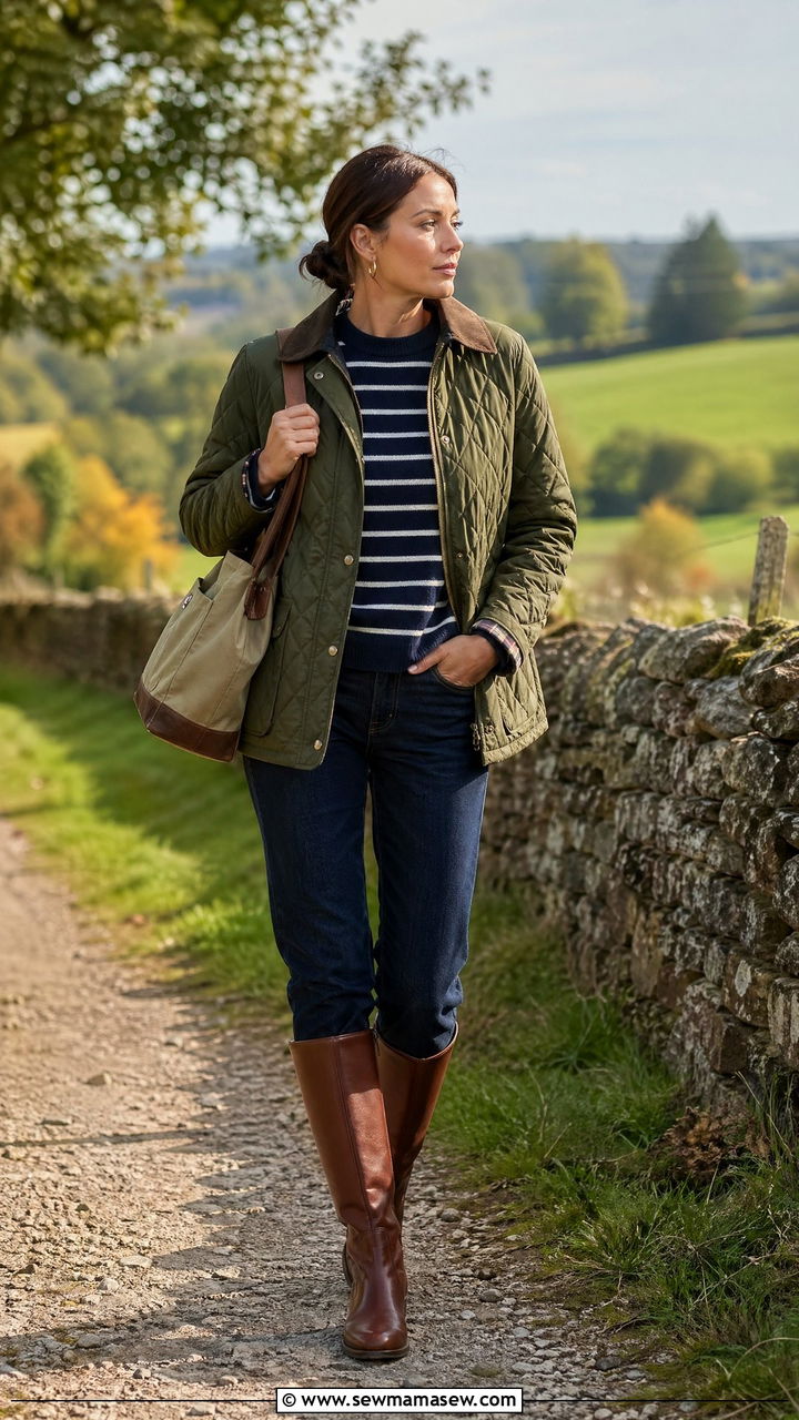 Quilted Jacket With Striped Sweater and Dark Denim - 35 transitional old money outfit ideas