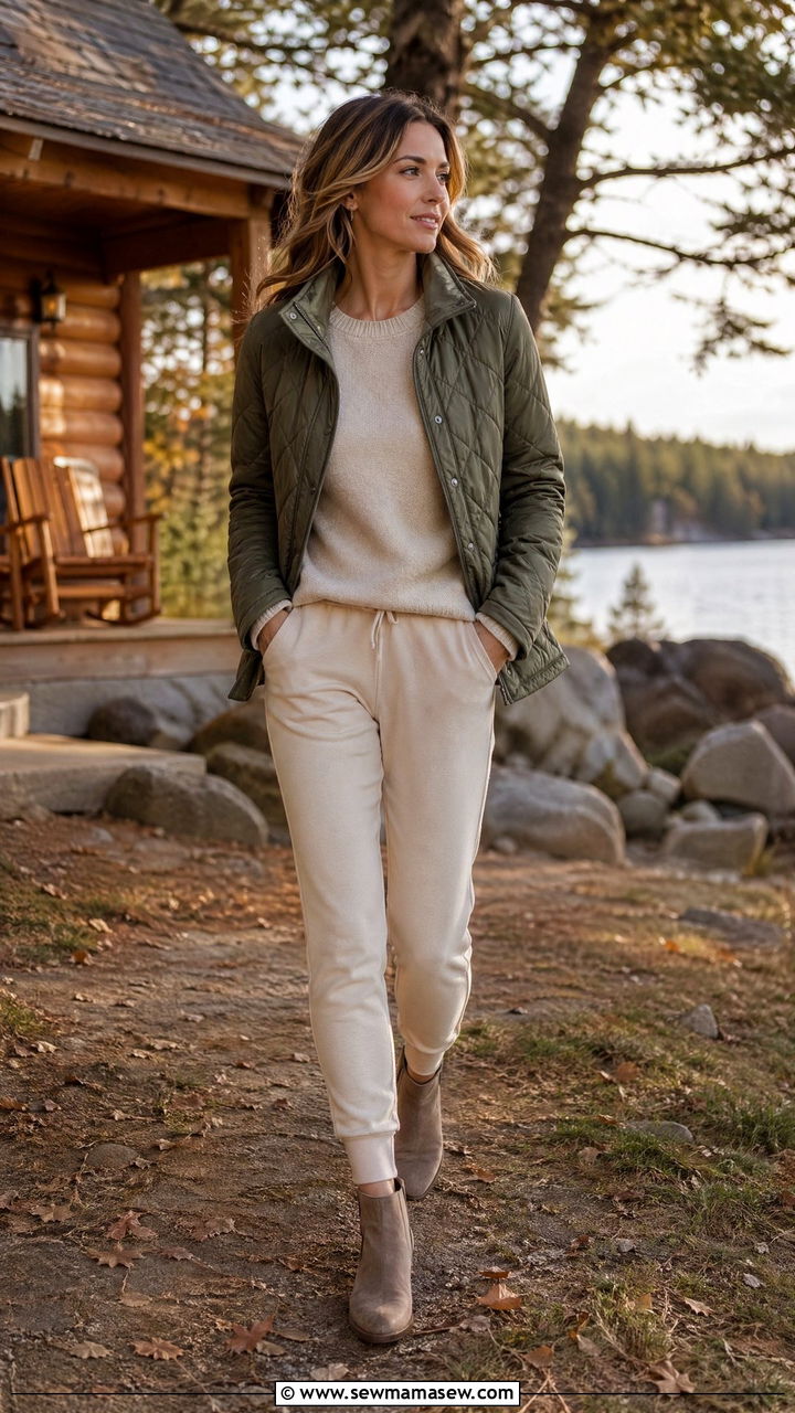 Quilted Jacket With Sweater and Joggers - 35 Cozy cabin weekend outfit ideas
